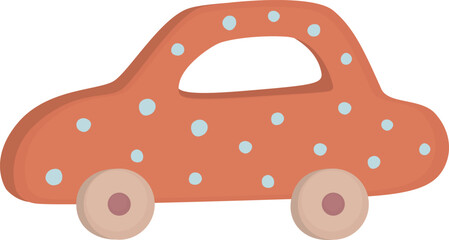 Illustration of wooden orange toy car with blue dots. Children’s car with rounded shapes and a simple design