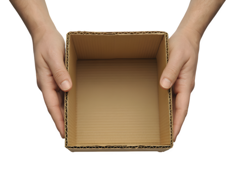 Hands holding an empty cardboard box open on a transparent background for shipping or storage isolated on transparent background