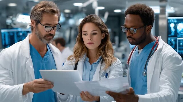 Medical Consultation: A dedicated medical team, collaborating on a case within a modern, technologically advanced setting. Their focused discussion hints at critical care and collaboration.