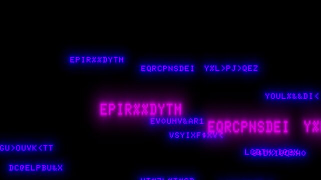 matrix glow effect with glowing blue and pink text on a dark background, abstract digital code