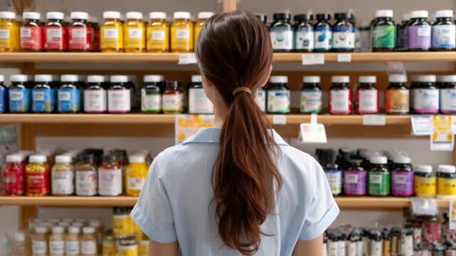 Customer at Health Shop: A customer, hair tied back, explores the expansive selections of a health store, with rows of vibrant supplement bottles arrayed before her.