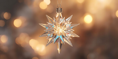 Crystal star ornament hanging against warm blurred glowing lights creating festive shimmering holiday atmosphere