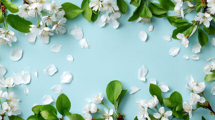 White cherry blossoms and green leaves scattered on light blue white flowers petals