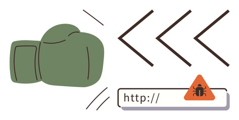 Green boxing glove punching back malicious links with a malware warning icon. Ideal for cybersecurity, online protection, hacking awareness, tech concepts, data safety, network security, simple flat