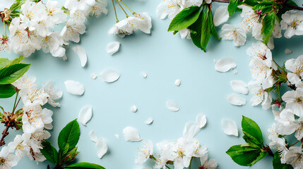 White blossoms and green leaves scattered on light blue white flowers cherry blossoms