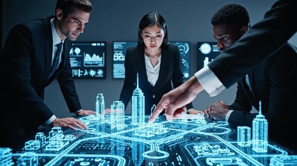 Diverse team collaborates on futuristic holographic city planning interface. - Powered by Adobe