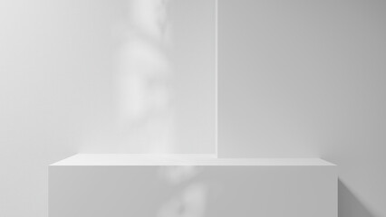 White table podium background with empty space and sunlight cozy summer display. white display for presentations and design. template room studio shot for cosmetics. white shelf table step wall © Hanna