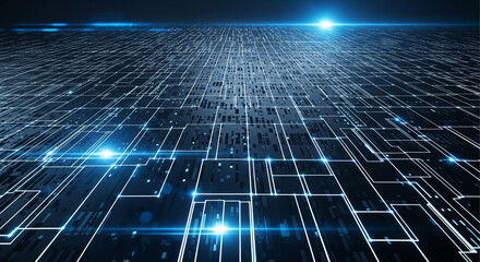 Digital Grid Network with Blue Light Streaks Extending Into Futuristic Digital Space