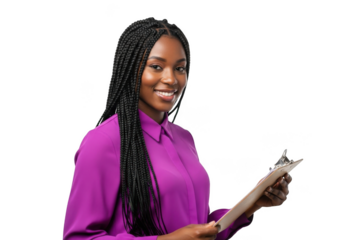 Young black woman smiling holding clipboard ready for tasks and projects transparent background
