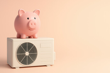 Proud piggy bank on an air conditioner represents saving money on energy cost. conceptual illustration about efficiency with pastel background and copy space