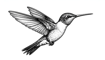 Fototapeta premium Hummingbird in Flight: A detailed monochrome illustration captures a hummingbird in mid-flight, showcasing its delicate wings and slender beak, symbolizing grace and freedom.