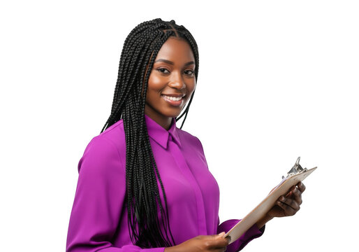 Young black woman smiling holding clipboard ready for tasks and projects transparent background