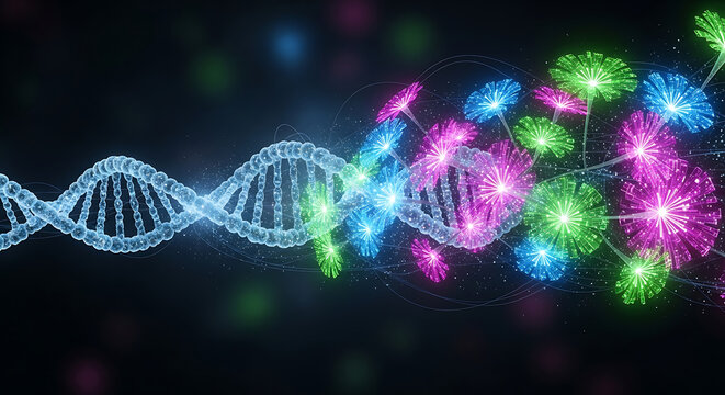 Glowing dna strand transitioning into colorful floral or cellular structures on dark background