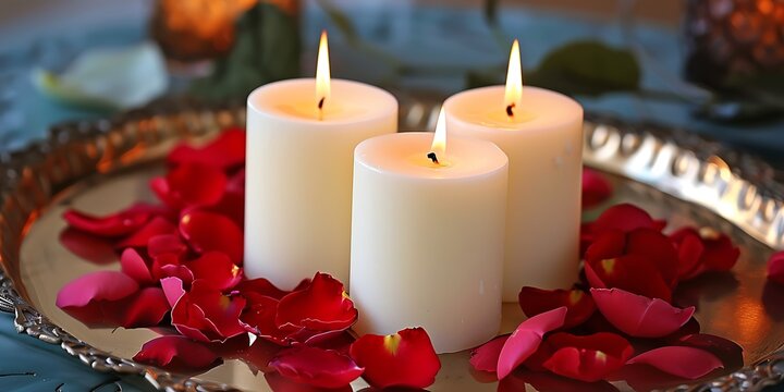 Romantic ambiance with lit candles and scattered rose petals on a decorative tray