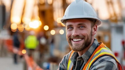 A Construction Worker's Grin: A smiling construction worker poses with a protective helmet and safety vest, radiating confidence and commitment within a busy construction site.