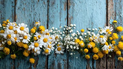 White daisies and yellow wildflowers on weathered blue wood white flowers baby's breath