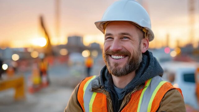 Smiling Builder Amidst the Hustle: A construction worker, radiating warmth, smiles confidently, embodying the spirit of dedication within the bustling building zone.
