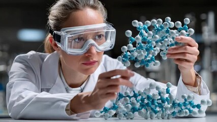 Scientist with Molecular Model: A dedicated scientist meticulously examines a complex molecular model, immersed in the fascinating realm of scientific exploration, conveying intelligence, expertise.