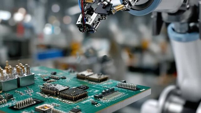 Precision in Assembly: A robotic arm meticulously places electronic components onto a circuit board, showcasing the intricate precision and cutting-edge technology of modern manufacturing.