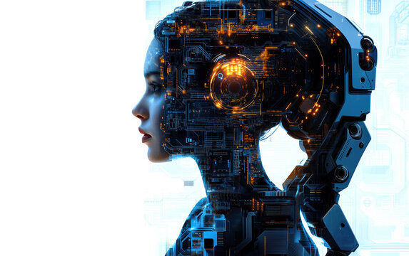 AI Artificial intelligence cyber. Futuristic AI abstract design, intricate circuitry pattern. AI Robot face, virtual human, virtual character, digital clone, machine learning. Realistic photo