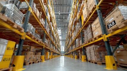 Warehouse Efficiency: rows of organized storage racks filled with goods, creating a sense of logistical precision and industrial scale. It presents the infrastructure of distribution and storage - Powered by Adobe