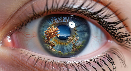 A close up of an eye with a landscape and coral reefs reflected in the iris of the eye itself