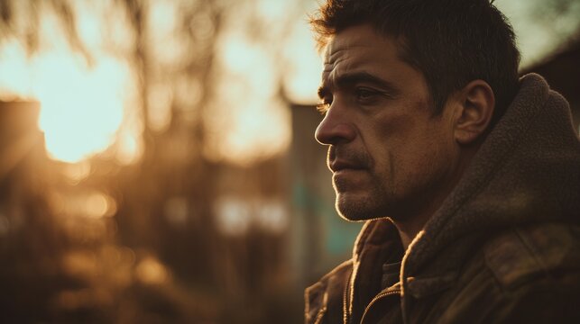 A man stands outside at sunset, surrounded by a warm glow that highlights his features. The man's expression reflects a deep sense of contemplation as the sun casts beautiful light