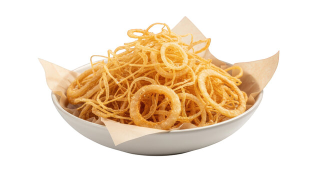 Crispy onion strings and rings served in a bowl