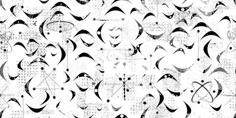 Vintage modern atomic seamless pattern with speckled and grainy texture, inspired by1950s and 1960s atomic age design, featuring abstract geometric shapes and orbit motifs in black, vector design.