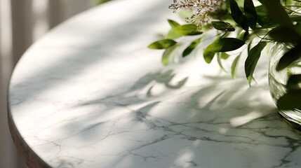 White marble surface with green leaves and floral accents glass vase