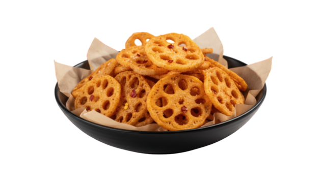 Crispy lotus root chips in a black bowl
