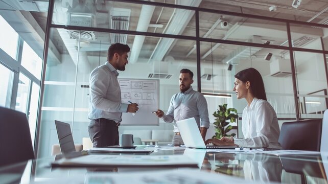 Three professionals discuss website wireframes during a design meeting in a bright, glass-walled office.