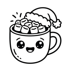Cute Hot Chocolate Mug with Marshmallows and Santa Hat Vector Illustration Christmas Holiday Coloring Page for Kids