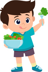 happy cute kid boy holding fresh vegetable in bowl