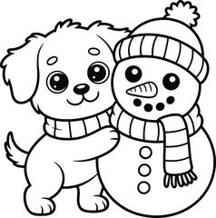 Cute Puppy and Snowman Winter Coloring Page Vector Illustration Cartoon Animal Christmas Holiday Kids Activity Design