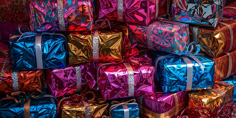 Vibrant stack of gifts in colorful shiny wrapping with ribbons evoking festive cheerful holiday mood