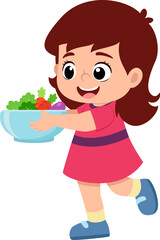 happy cute kid girl holding fresh vegetable in bowl