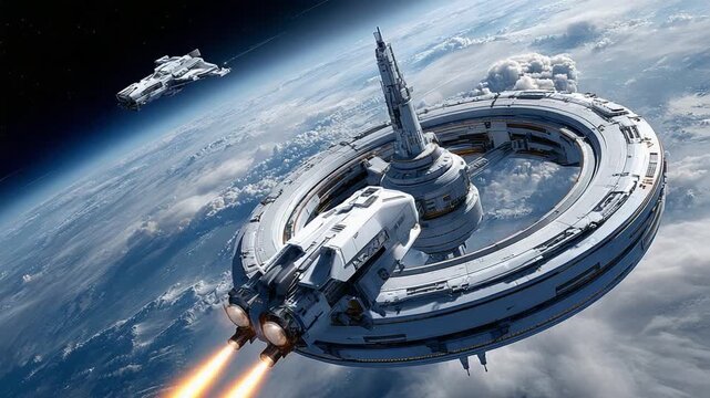Interstellar Outpost: A futuristic space station orbits the Earth, a symbol of human ambition and technological progress amidst the vastness of the cosmos. 