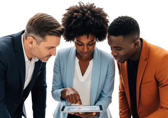 Diverse team collaborates effectively using digital tablet for business success transparent background