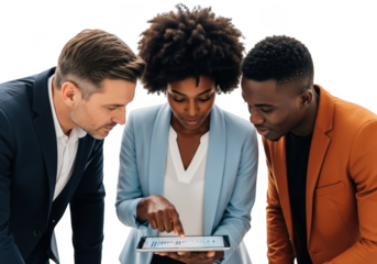 Diverse team collaborates effectively using digital tablet for business success transparent background