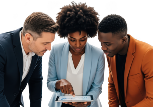 Diverse team collaborates effectively using digital tablet for business success transparent background