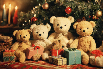 A nostalgic Christmas scene filled with colorful teddy bears arranged around a decorated tree