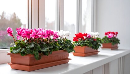 Fototapeta premium Cyclamen Flowers in Pots on a Windowsill - A Colorful Indoor Garden.