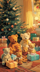 Cute teddy bears sit around a beautifully decorated Christmas tree surrounded by colorful presents