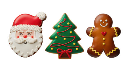Festive christmas cookies including a santa claus face a decorated evergreen tree and a gingerbread man isolated on transparent background