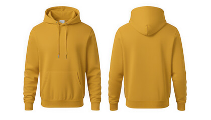 Unisex mustard yellow casual hoodie front and back view mockup isolated on transparent background