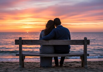 Romantic Couple Shares a Peaceful Sunset Moment on a Beach Bench