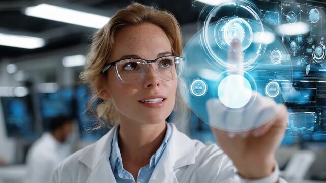   Innovation in Focus: A visionary scientist, in a modern research lab, interacts with a holographic interface, her finger poised over a virtual activation point, signifying a breakthrough. 
