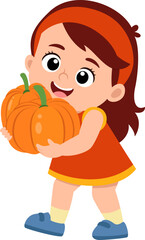 happy cute kid girl holding fresh pumpkins