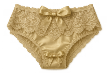Golden silk panties featuring delicate lace trim and elegant satin bows for feminine fashion and intimate wear